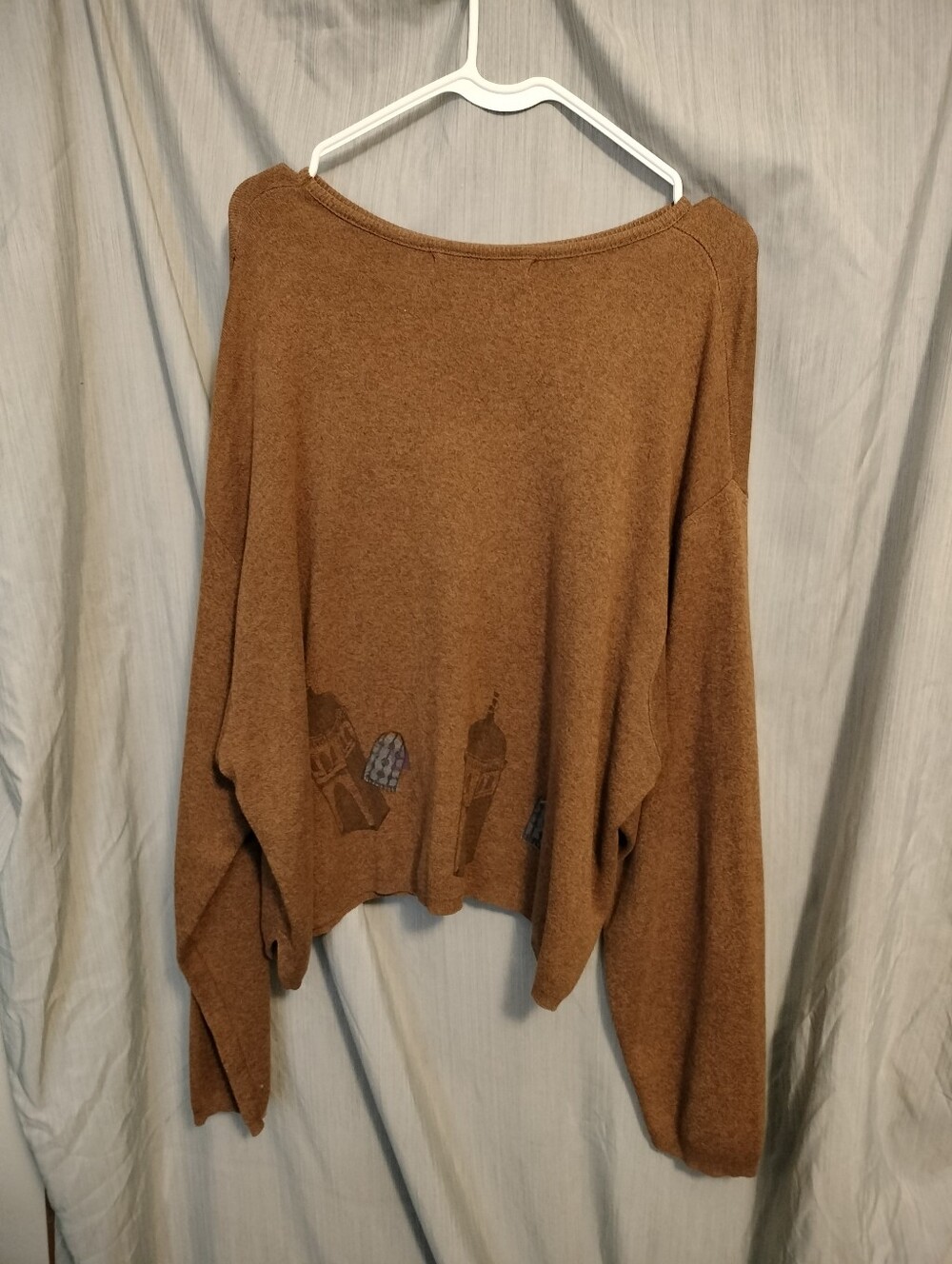 Vintage Blue Fish Clothing Hand Printed Architectural Tower Sweater Top Brown
